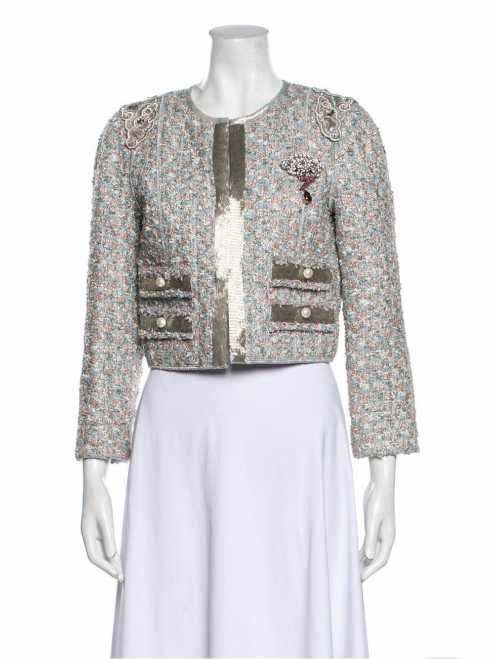 Marc Jacobs Pastel Multicolor Tweed Cropped Jacket with Brooch Runway collection